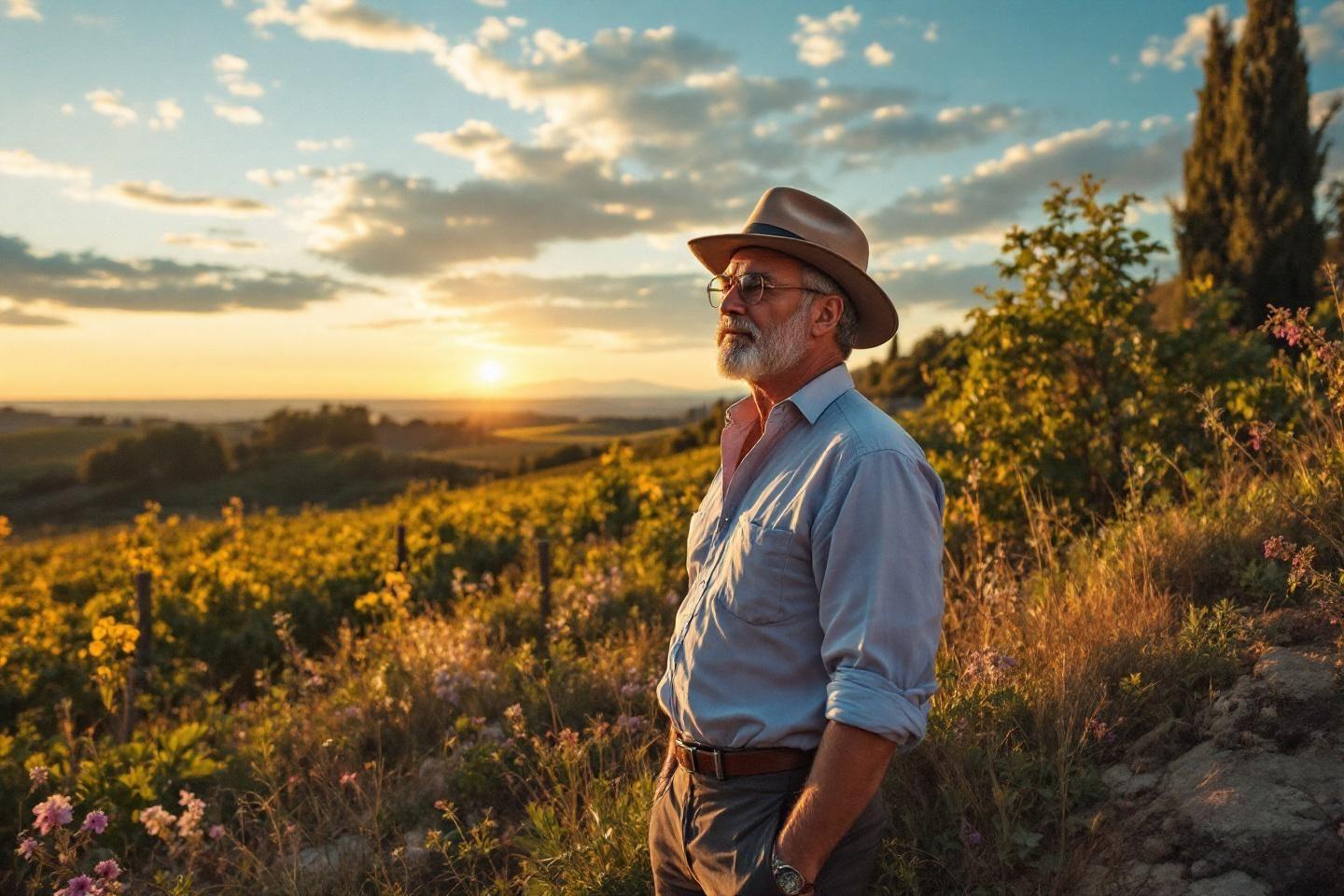 Homme &acirc;g&eacute; observant un paysage agricole dor&eacute;