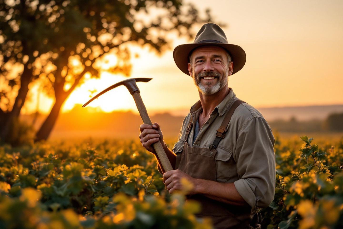 Homme âgé avec pioche, champ jaune au coucher de soleil