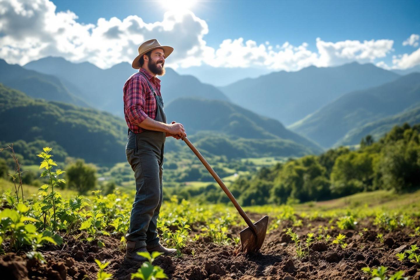 Homme avec une pelle, montagne en arrière-plan