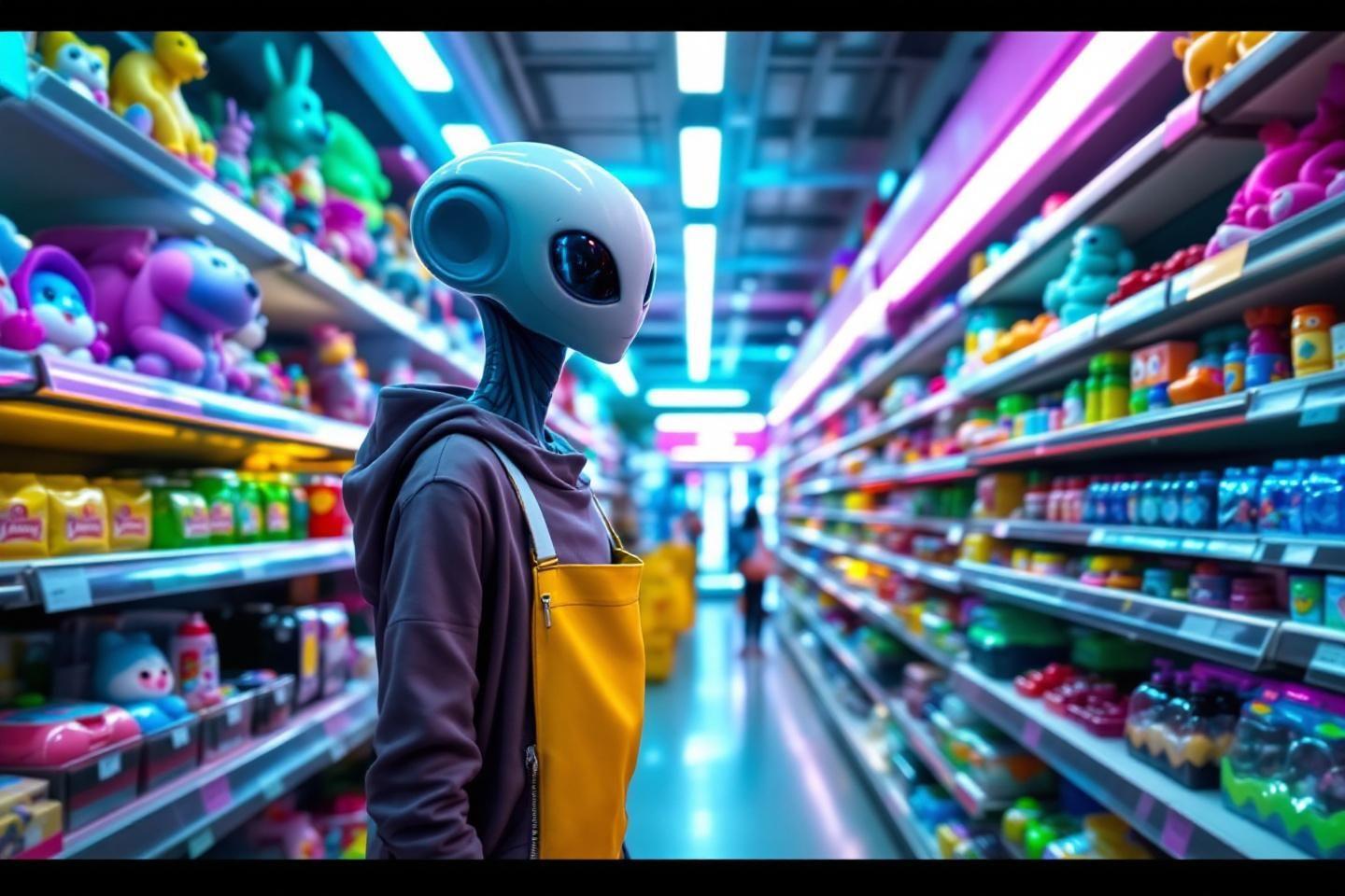 Créature extraterrestre avec sac jaune dans un couloir lumineux coloré