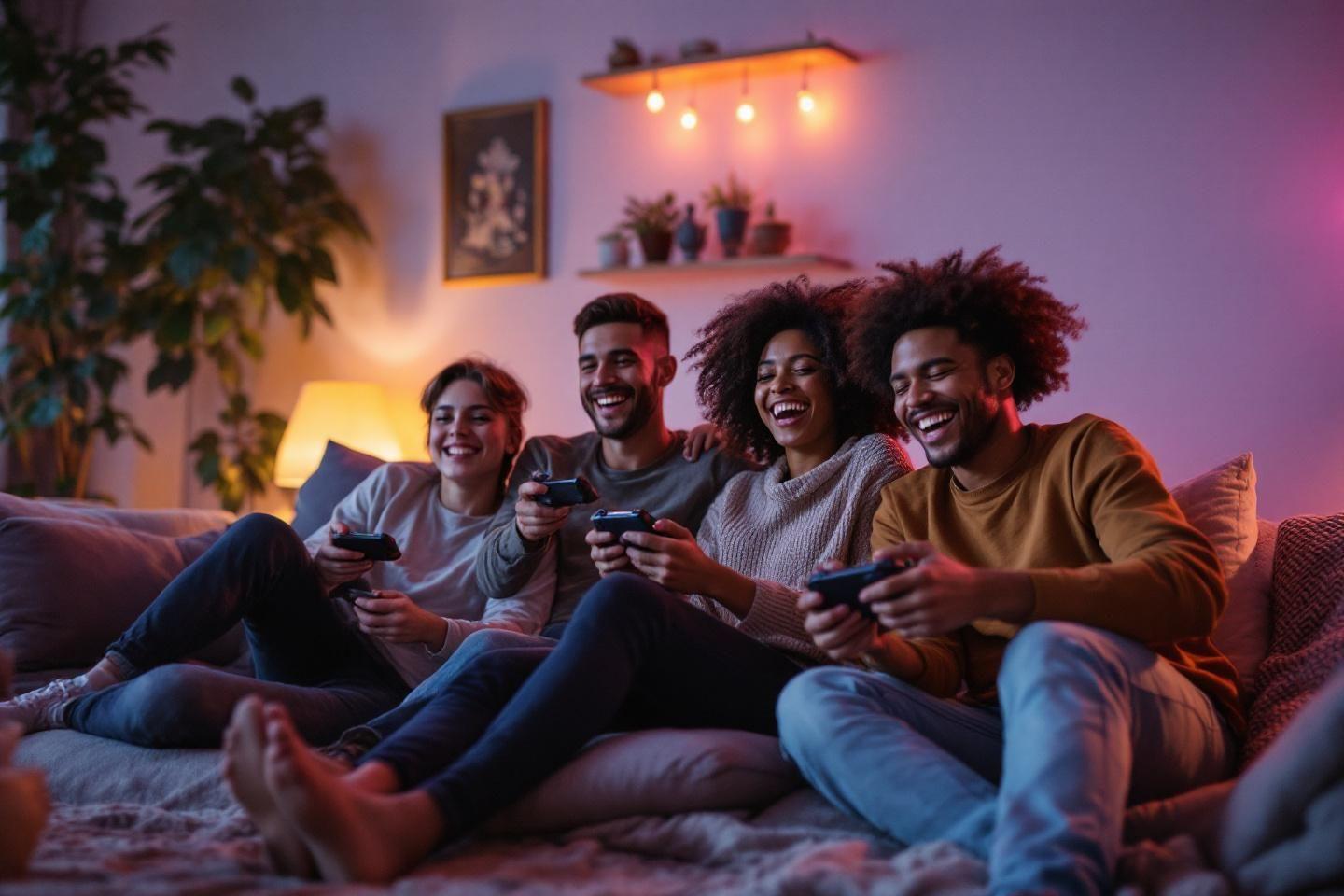 Groupe d'amis souriants sur un canap&eacute; avec des manettes