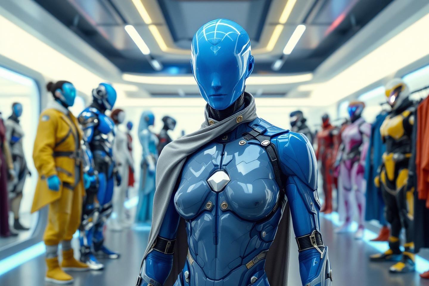 Robot bleu avec cape dans un environnement high-tech