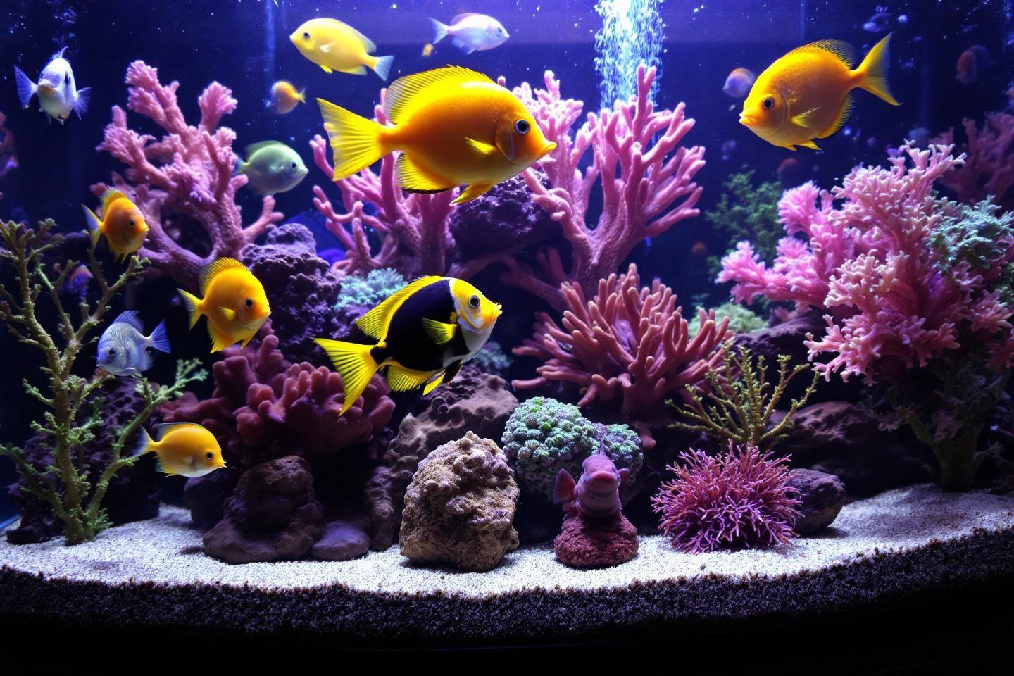 Poissons jaunes et coraux roses dans un aquarium bleu