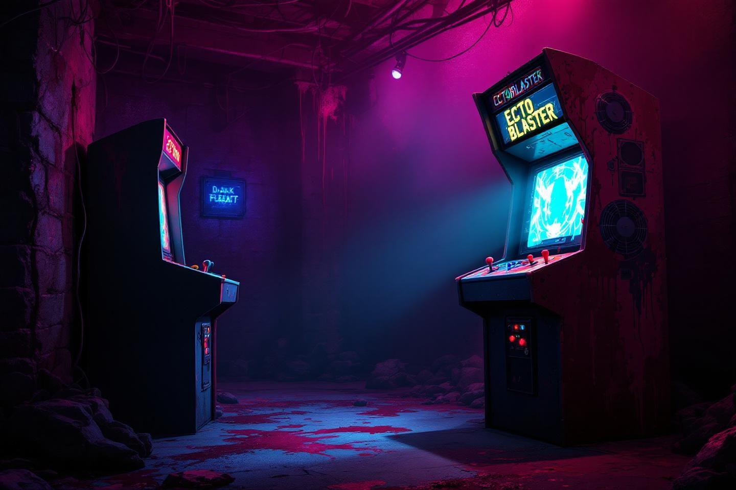 Deux bornes d'arcade vintage dans une ambiance n&eacute;on violette