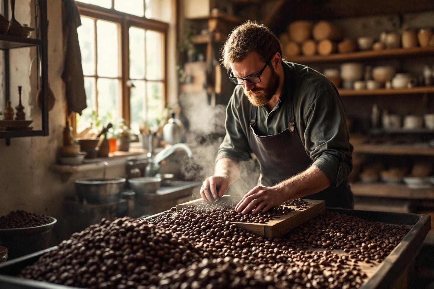 Homme examinant des grains de caf&eacute; dans un atelier enfum&eacute;
