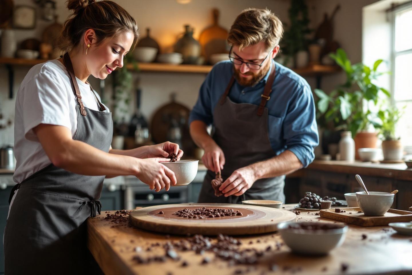 Deux personnes travaillant avec des grains de caf&eacute; sur une table en bois
