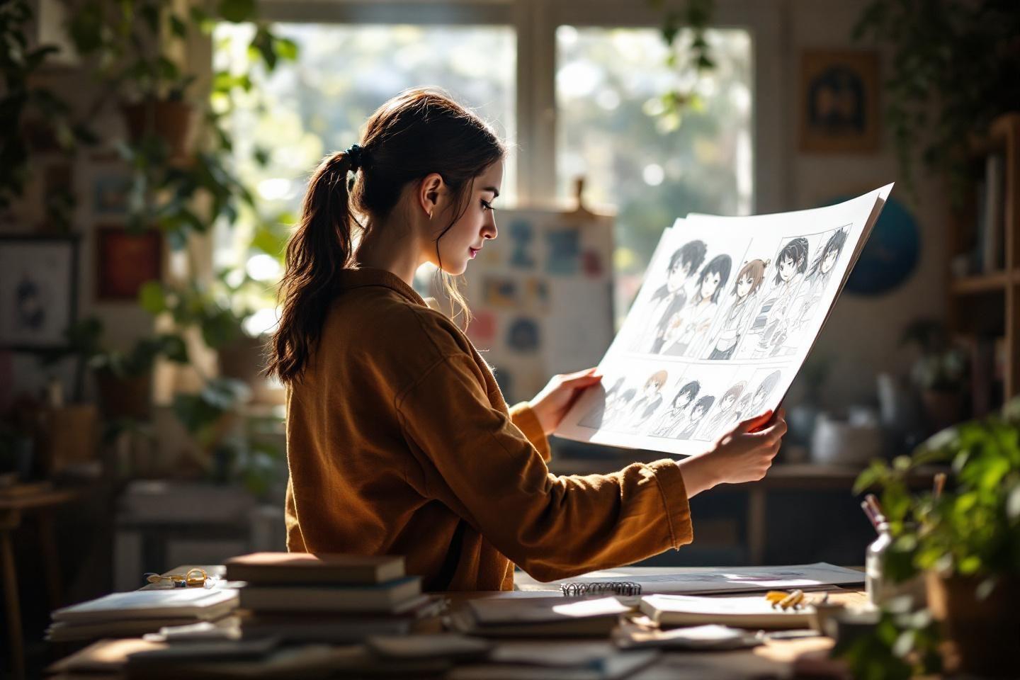 Jeune artiste examinant des croquis de personnages pr&egrave;s d'une fen&ecirc;tre