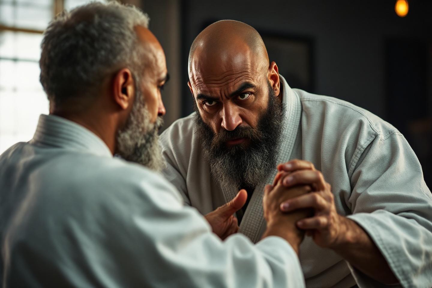Deux hommes &acirc;g&eacute;s en kimono blanc, regard intense, gestes techniques