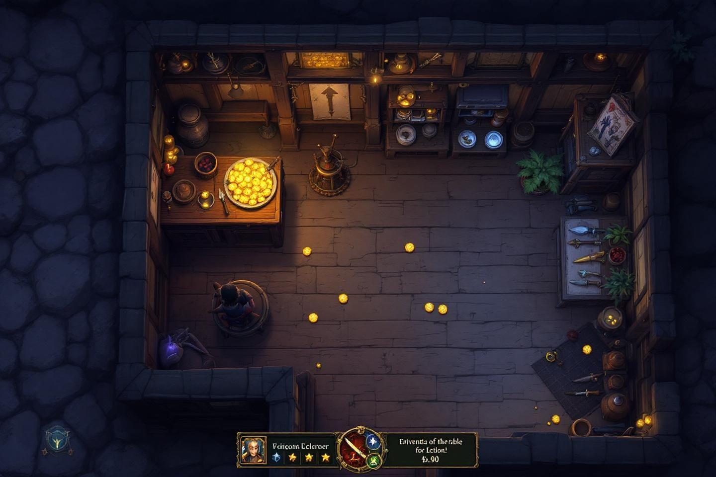 Int&eacute;rieur sombre d'un laboratoire avec des potions et lumi&egrave;res