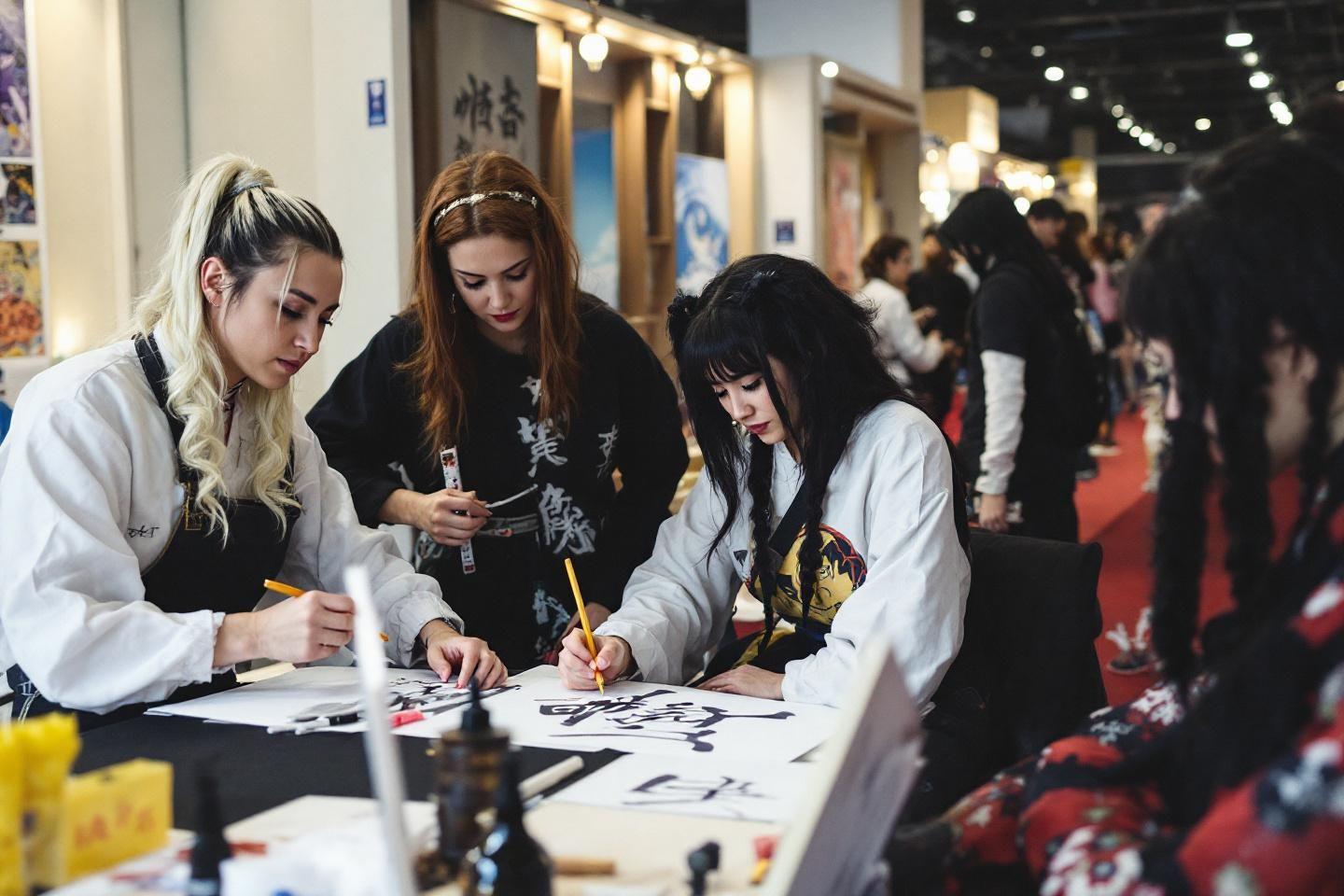 Trois jeunes femmes &eacute;crivant des caract&egrave;res japonais avec concentration