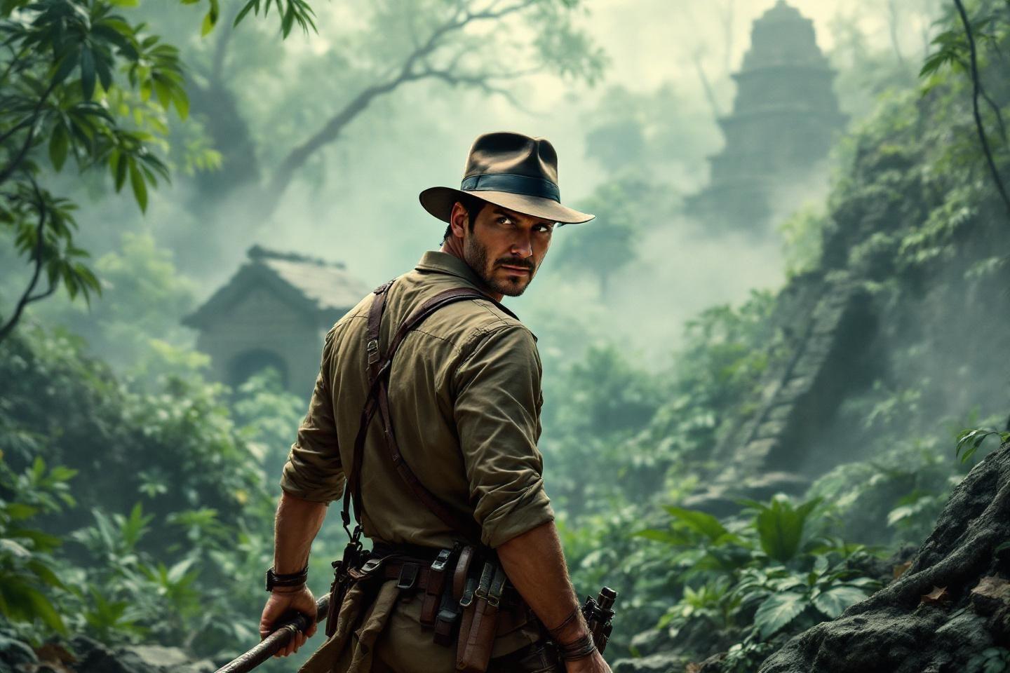 Homme au chapeau explorant un paysage verdoyant et brumeux