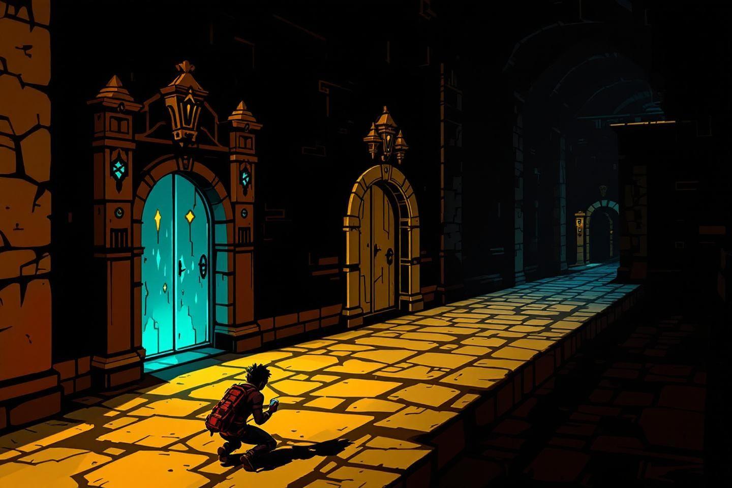 Personnage solitaire explorant un corridor sombre aux portes lumineuses