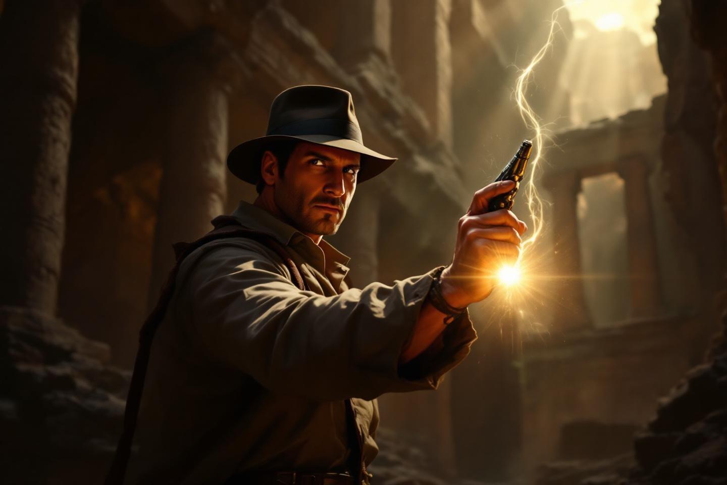 Homme au chapeau arm&eacute; dans un environnement sombre et mystique