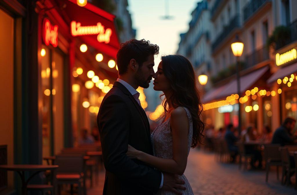 Couple enlacé sous les lumières nocturnes d'une rue