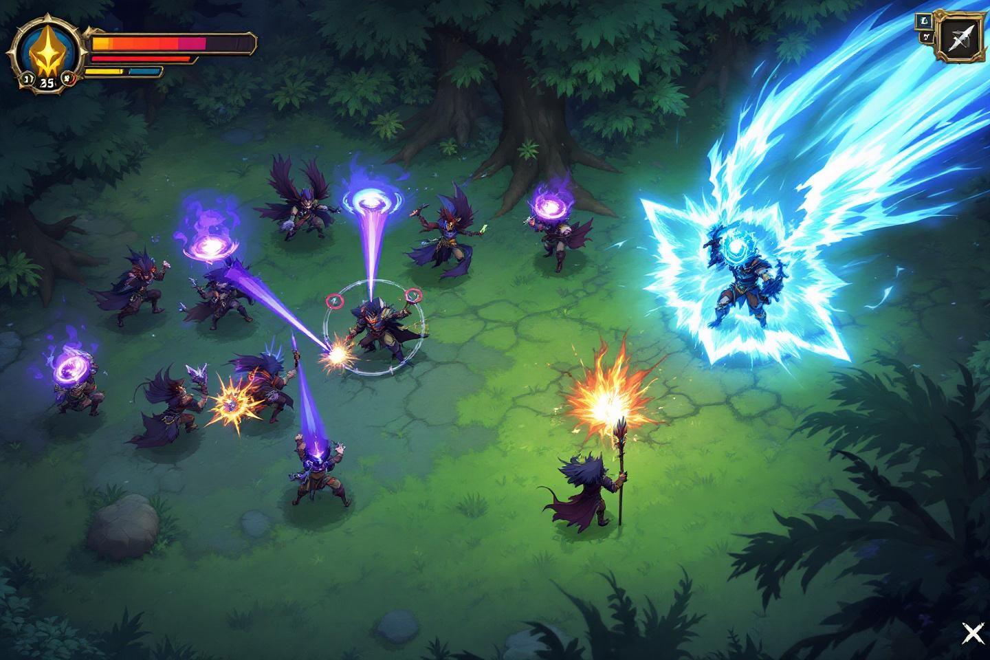 Combattants sombres et lumineux s'affrontent avec des pouvoirs magiques
