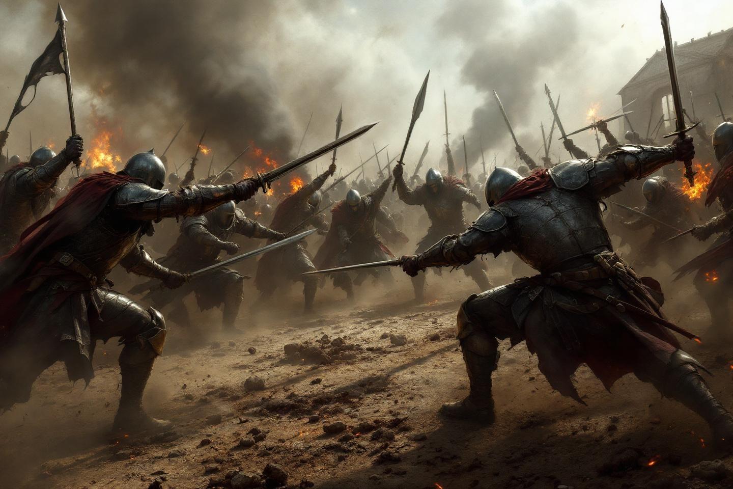 Chevaliers en armure combattant dans une bataille enflamm&eacute;e