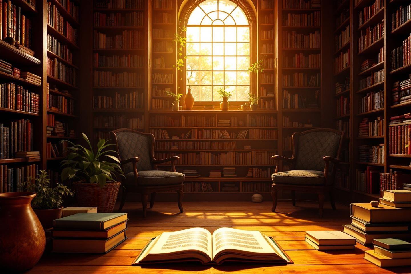 Int&eacute;rieur chaleureux avec livres, fauteuils et grande fen&ecirc;tre ensoleill&eacute;e