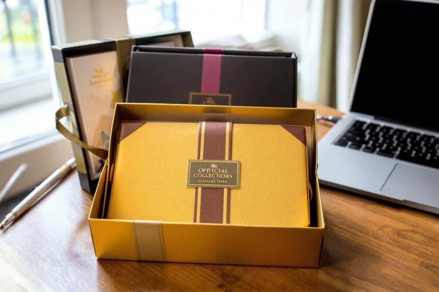 Bo&icirc;te jaune et brune avec un ordinateur portable