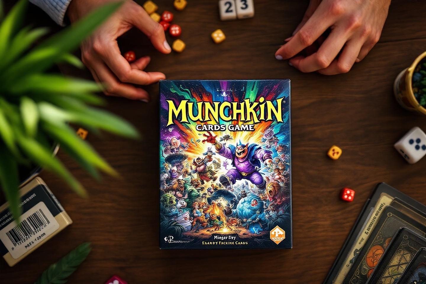 Jeu de cartes Munchkin avec dés et mains de joueur