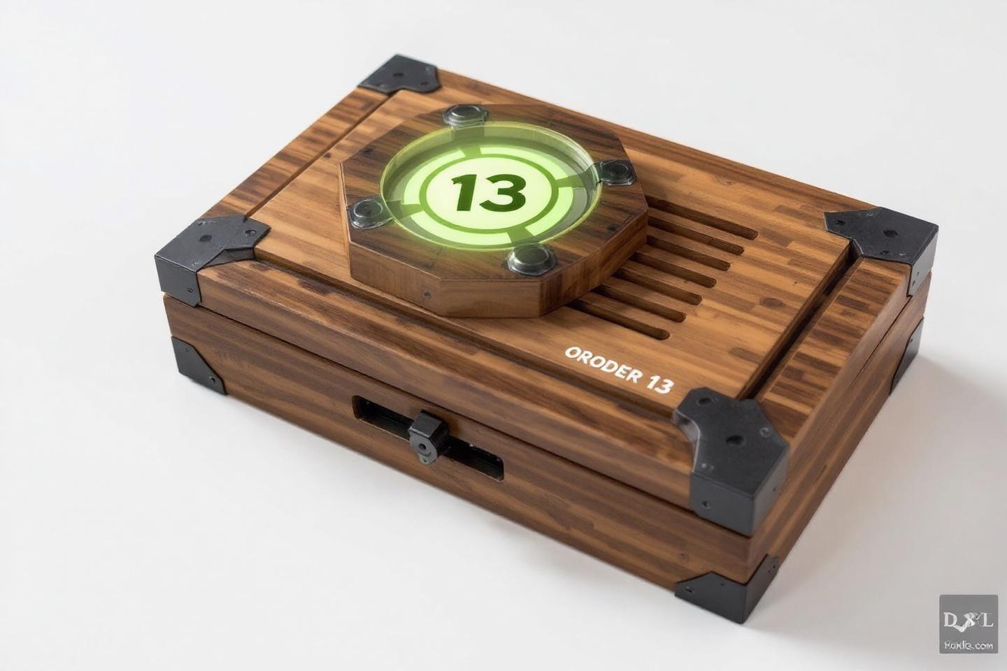 Boîte en bois avec écran lumineux vert et numéro 13