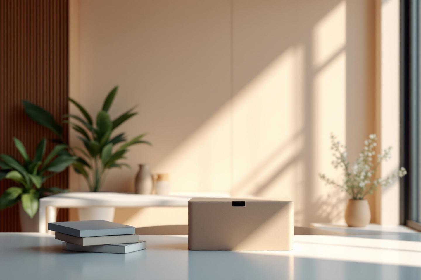 Livres et boîte sur table avec plantes et lumière douce