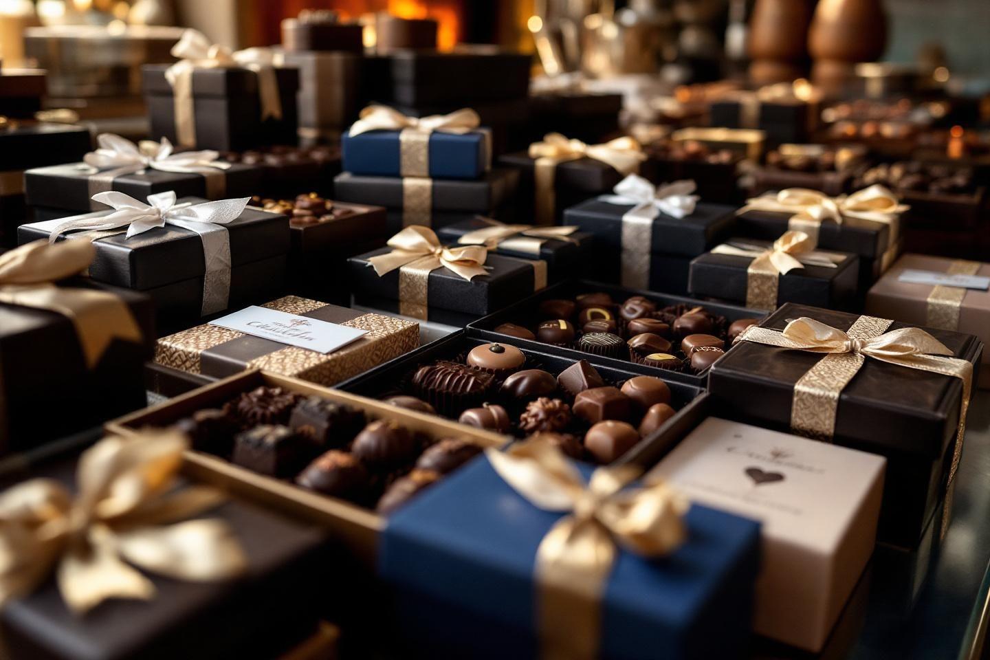 Nombreuses boîtes-cadeaux de chocolats raffinés avec rubans