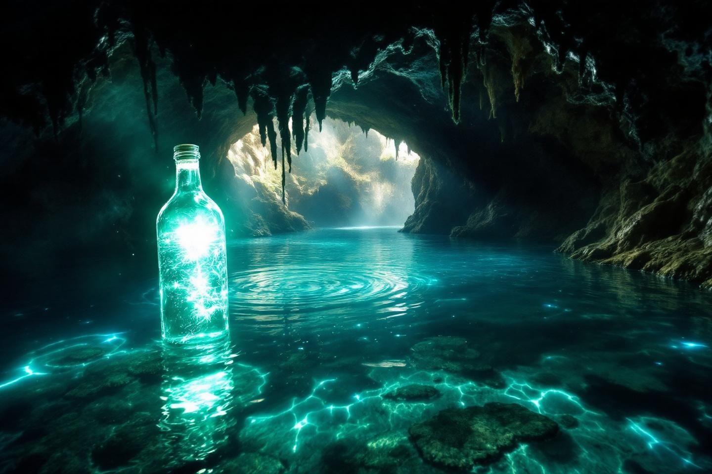 Bouteille brillante &eacute;clairant une myst&eacute;rieuse caverne aquatique