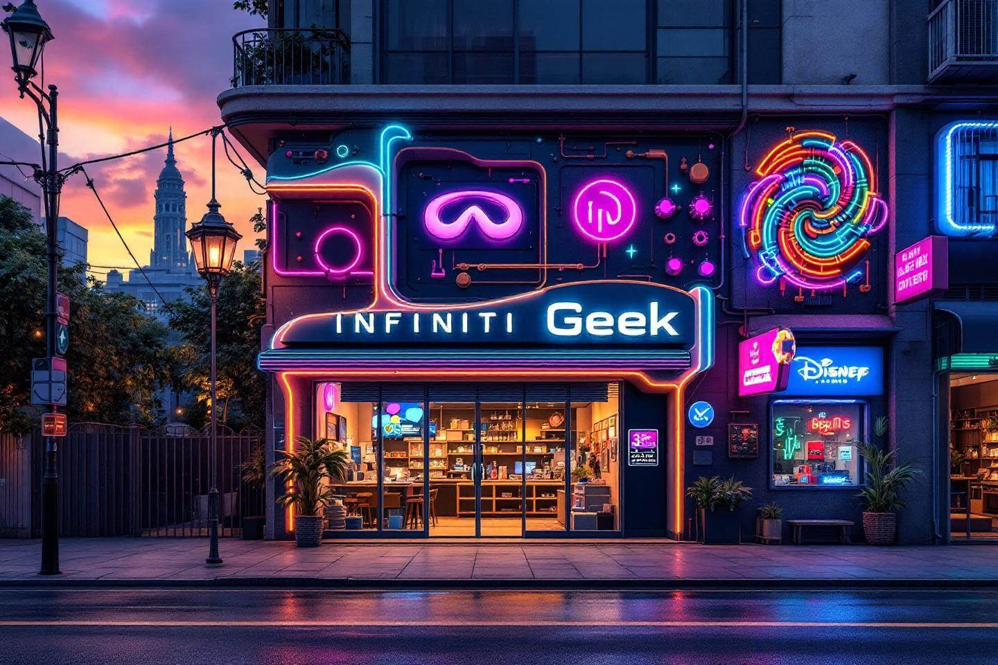 Magasin Infinti Geek avec enseignes lumineuses colorées au coucher du soleil