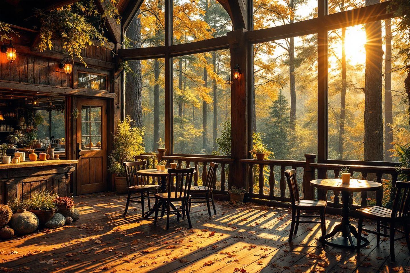 Intérieur chaleureux de café avec vue sur forêt automnale ensoleillée
