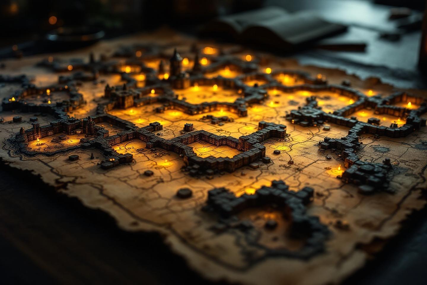 Carte ancienne avec territoires en relief et lumi&egrave;res dor&eacute;es