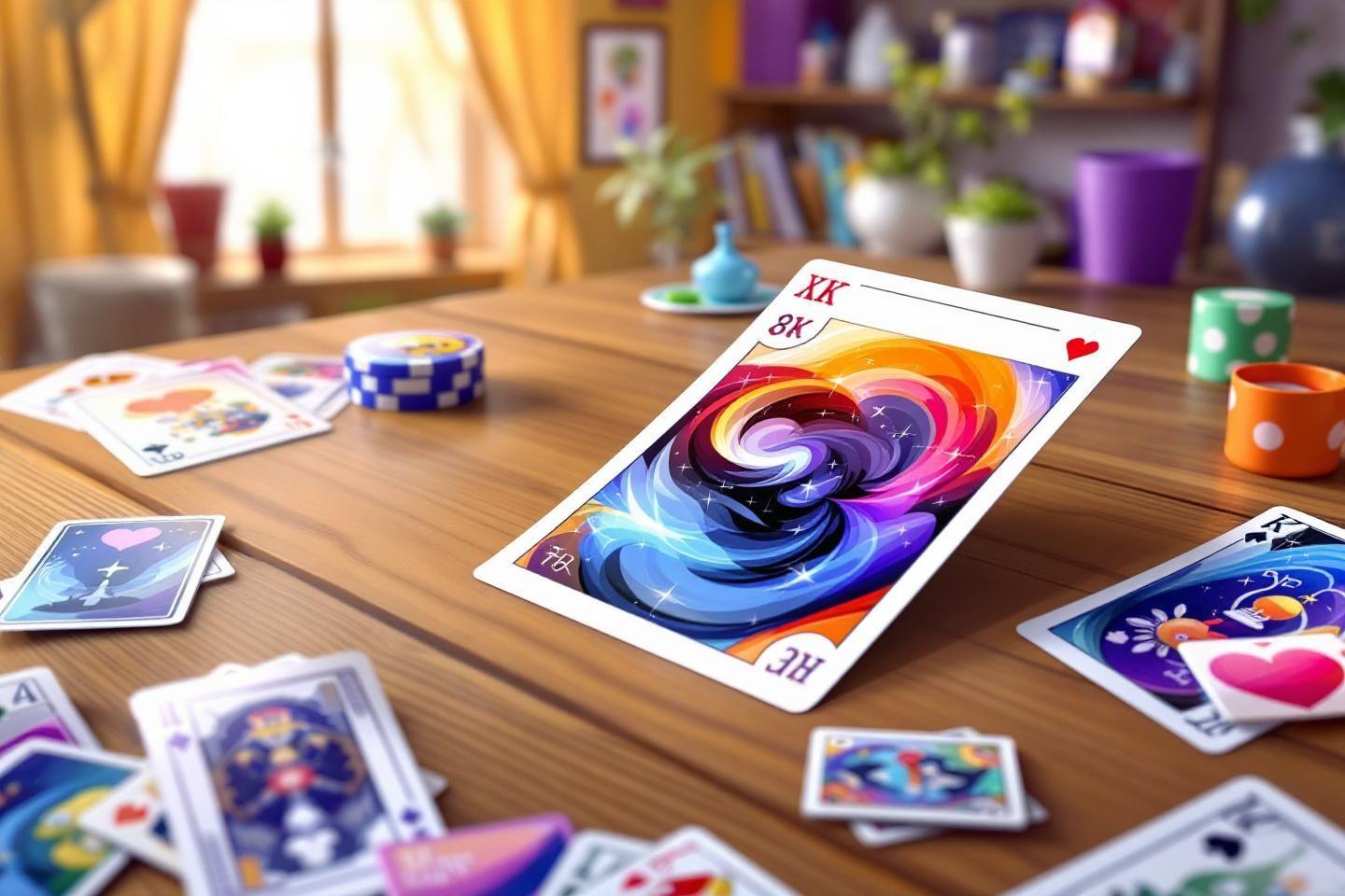 Jeu de cartes fantaisie avec motifs colorés sur un bureau en bois