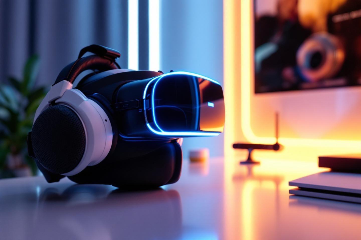 Casque de réalité virtuelle avec éclairage coloré sur bureau