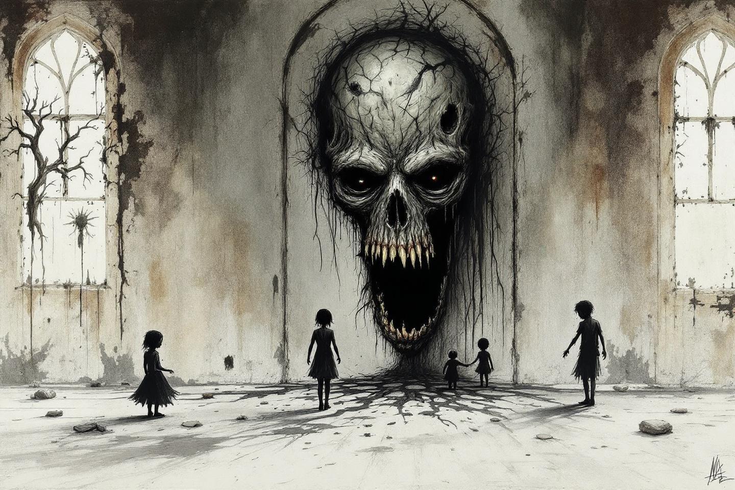 Cr&acirc;ne mena&ccedil;ant surplombant des silhouettes d'enfants terrifi&eacute;s