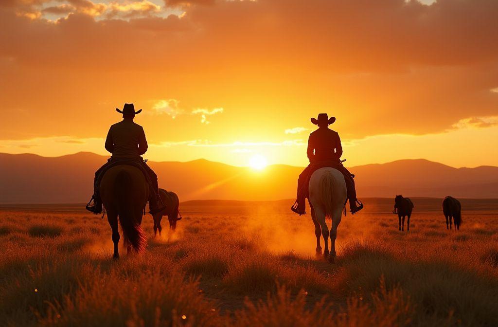 Deux cavaliers à cheval dans les prairies au lever du soleil