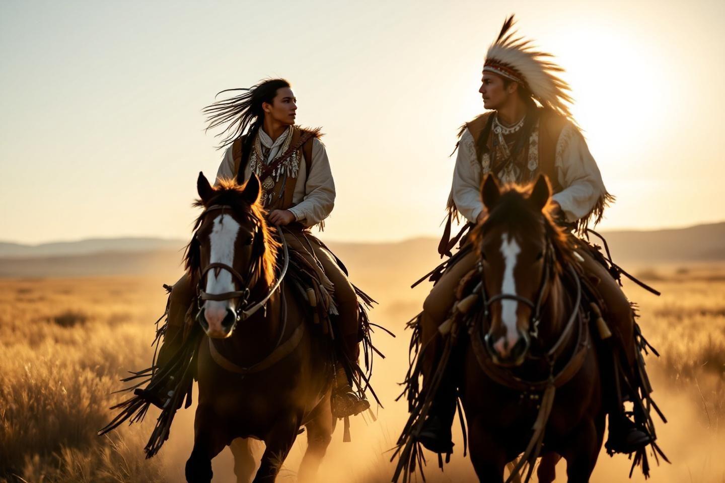 Deux cavaliers en tenue traditionnelle sur des chevaux au coucher du soleil