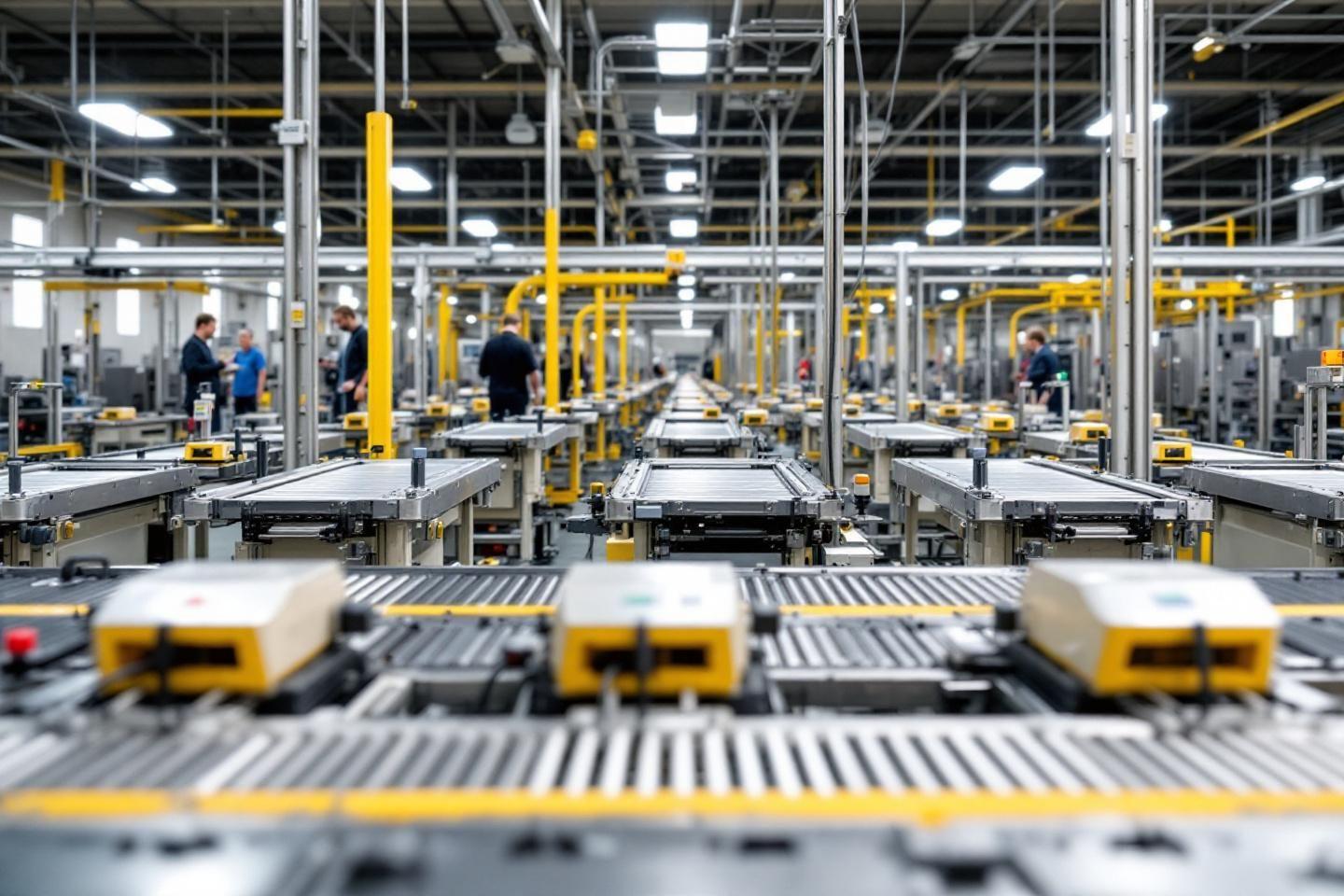 Convoyeurs et machines en usine avec personnel au travail