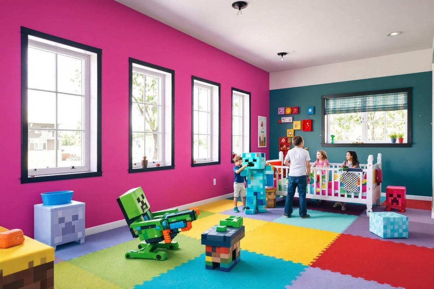 Salle de jeux avec d&eacute;corations et meubles inspir&eacute;s de Minecraft