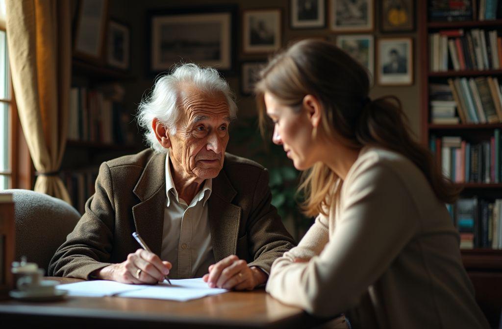 Personne &acirc;g&eacute;e et jeune femme discutant autour d'un document