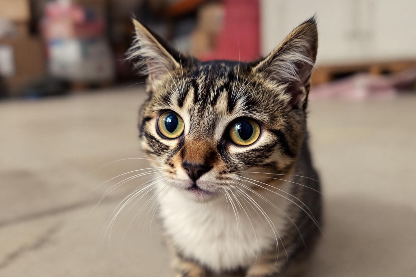 Gros plan sur un chat au pelage tigr&eacute; et aux grands yeux