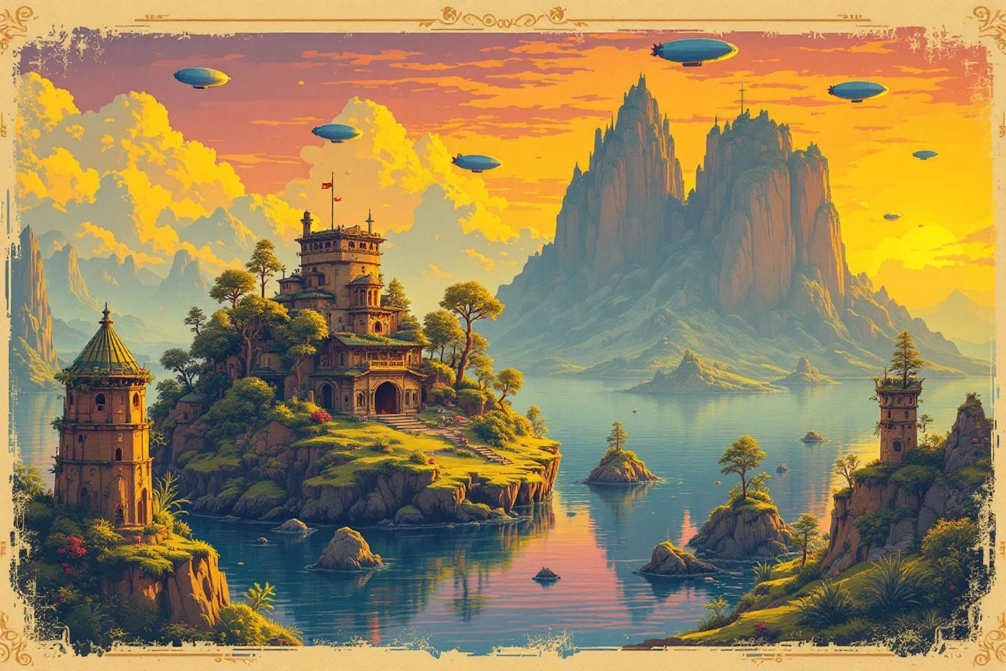 Paysage imaginaire avec ch&acirc;teau, montagnes et dirigeables volants