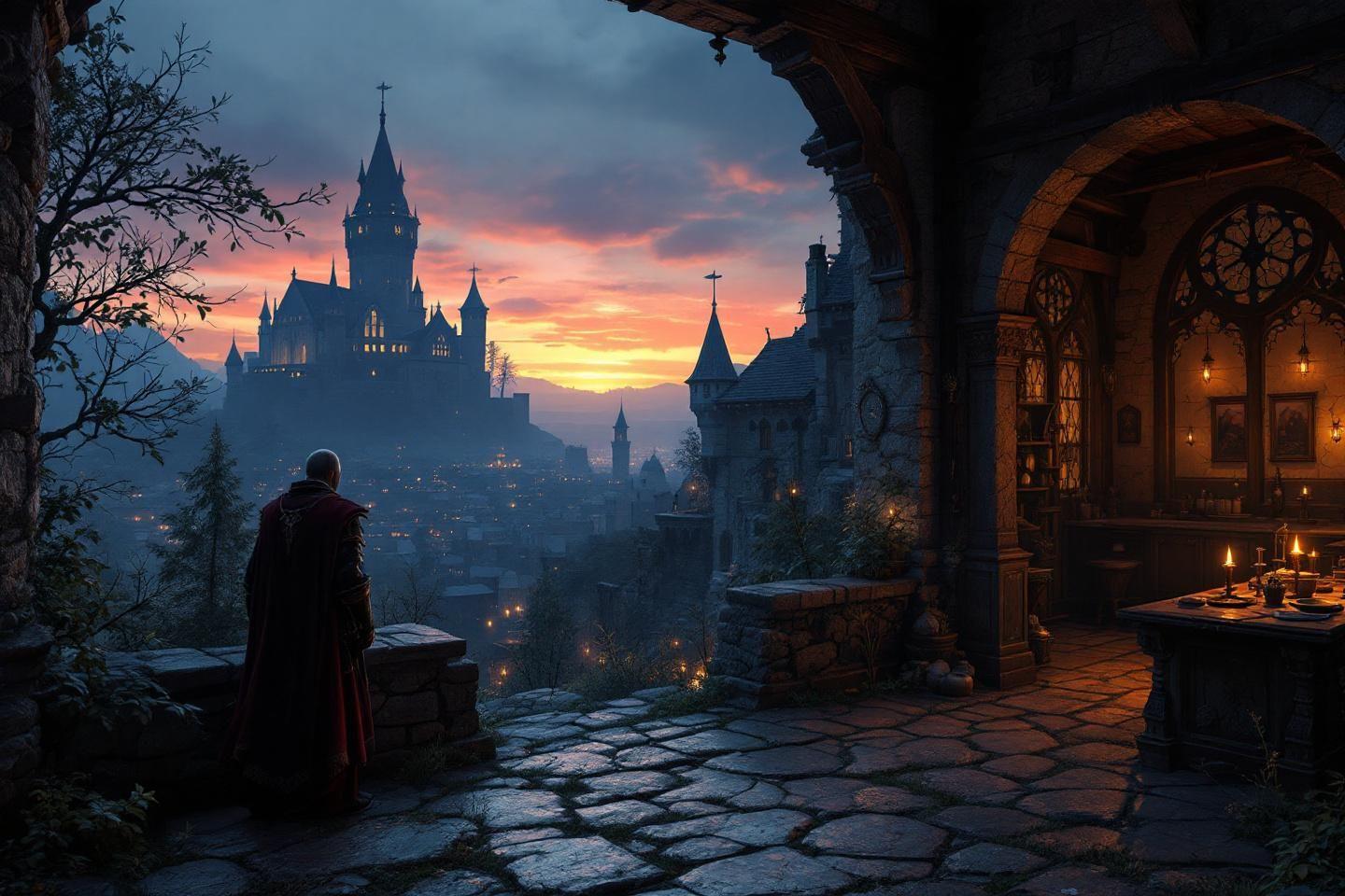 Vue d'un ch&acirc;teau gothique surplombant une ville brumeuse au coucher du soleil