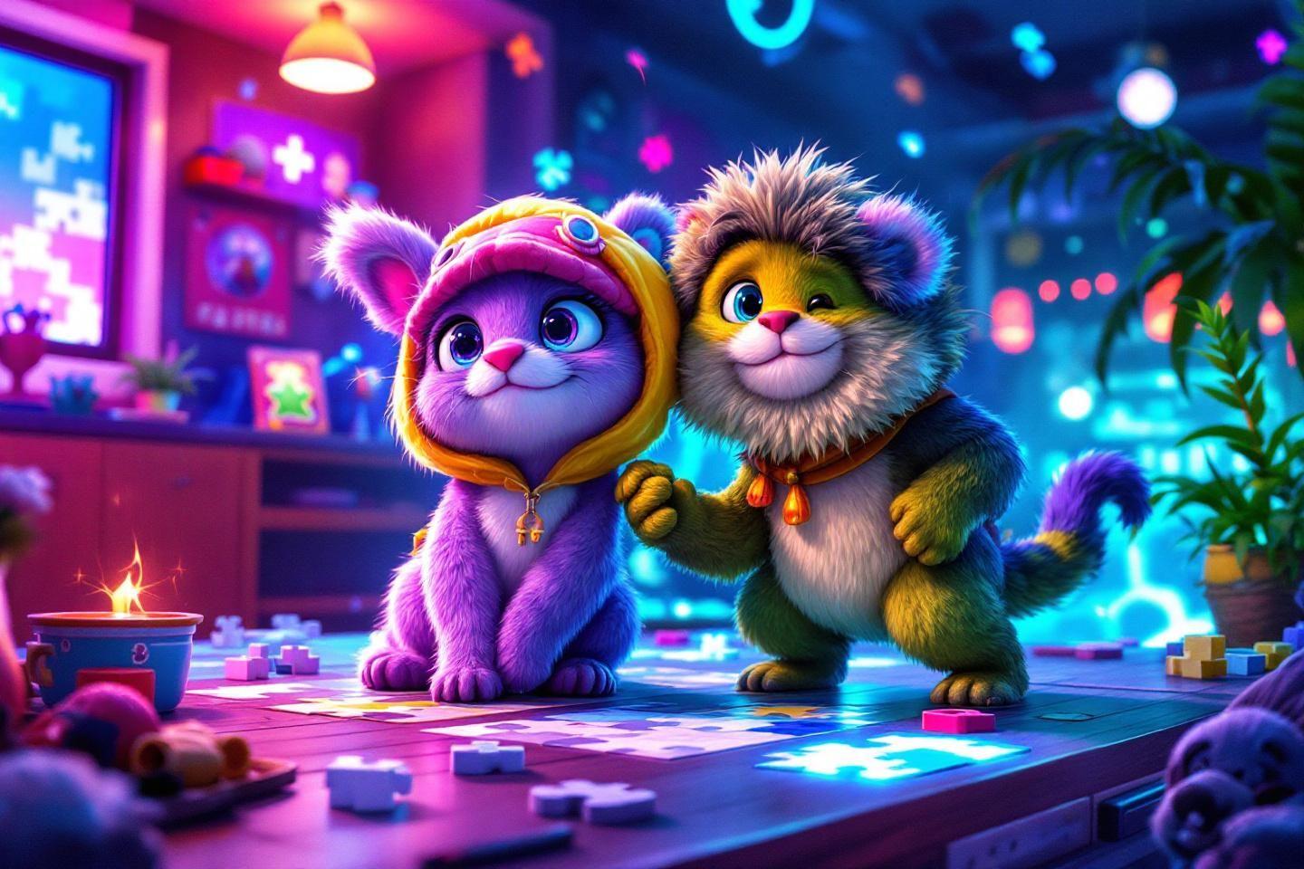 Deux chatons colorés mignons dans un décor lumineux fantastique