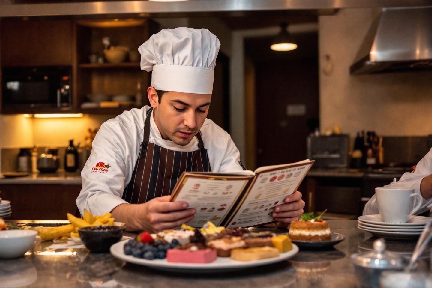 Chef en cuisine v&eacute;rifiant un menu avec des plats autour