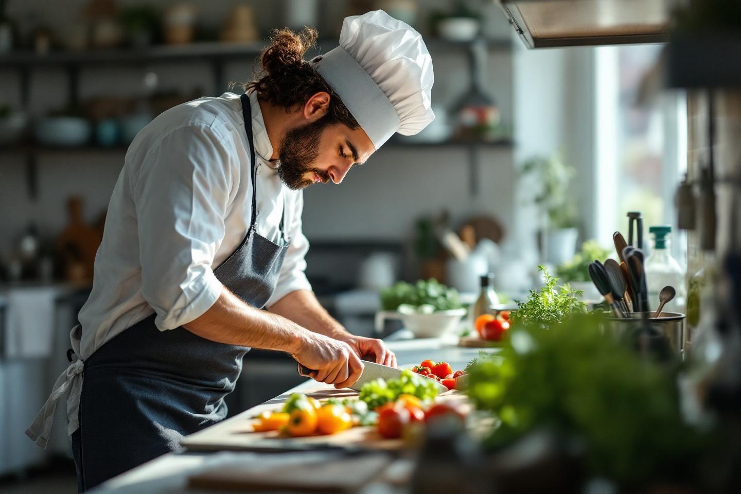 Chef en cuisine, concentr&eacute; sur la pr&eacute;paration de l&eacute;gumes color&eacute;s