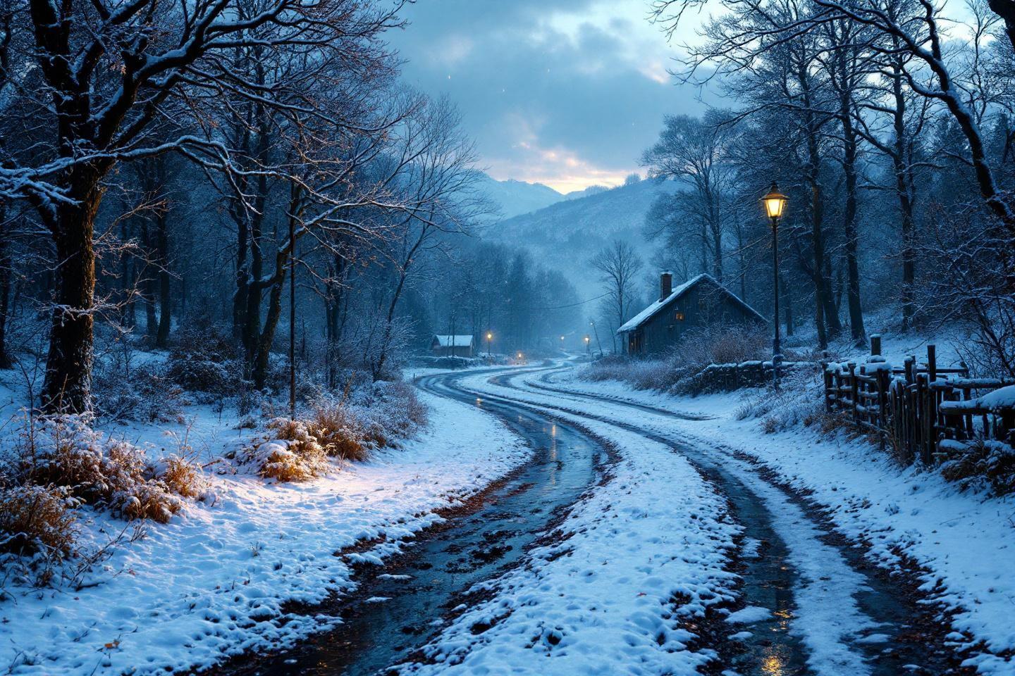 Route sinueuse enneig&eacute;e traversant une for&ecirc;t paisible de montagne