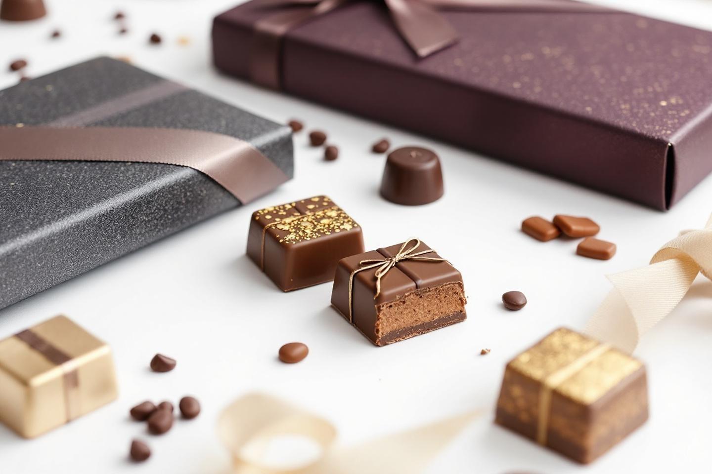 Diverses pralines au chocolat avec bo&icirc;tes et rubans d&eacute;coratifs