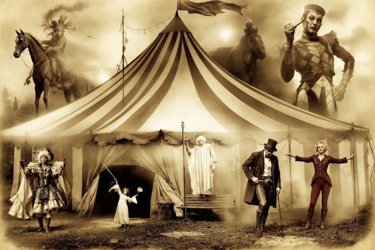 Personnages &eacute;tranges autour d'un grand chapiteau dans une atmosph&egrave;re s&eacute;pia