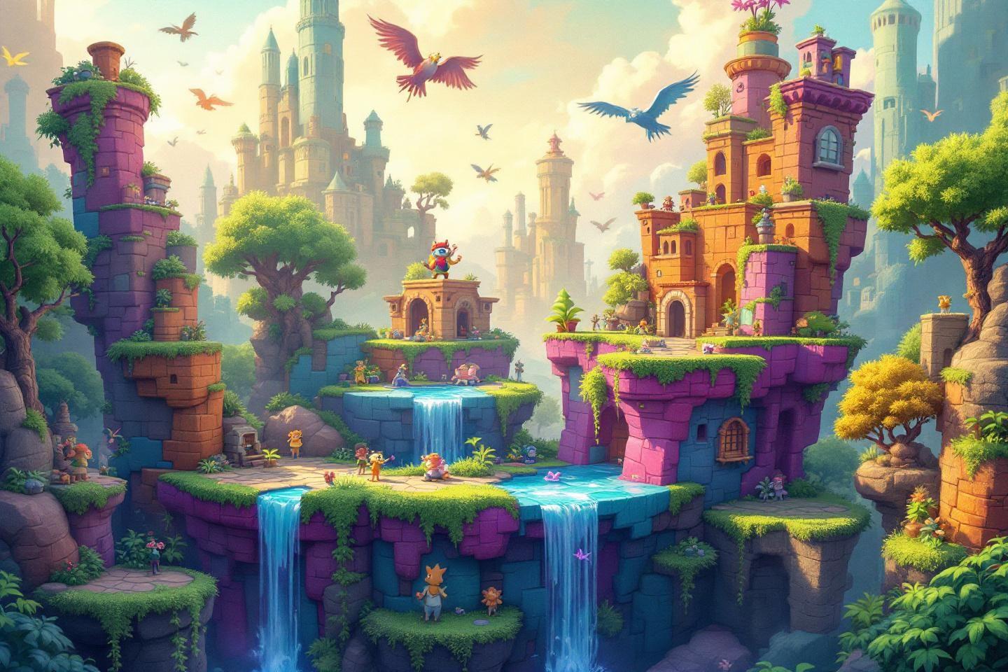 Paysage fantastique de plateformes volantes avec tours et cascades