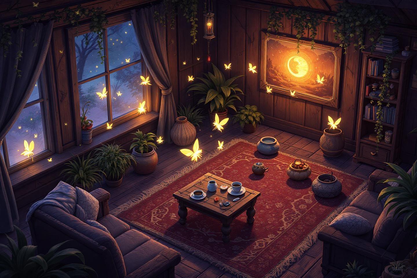 Int&eacute;rieur chaleureux avec papillons lumineux et th&eacute; du soir