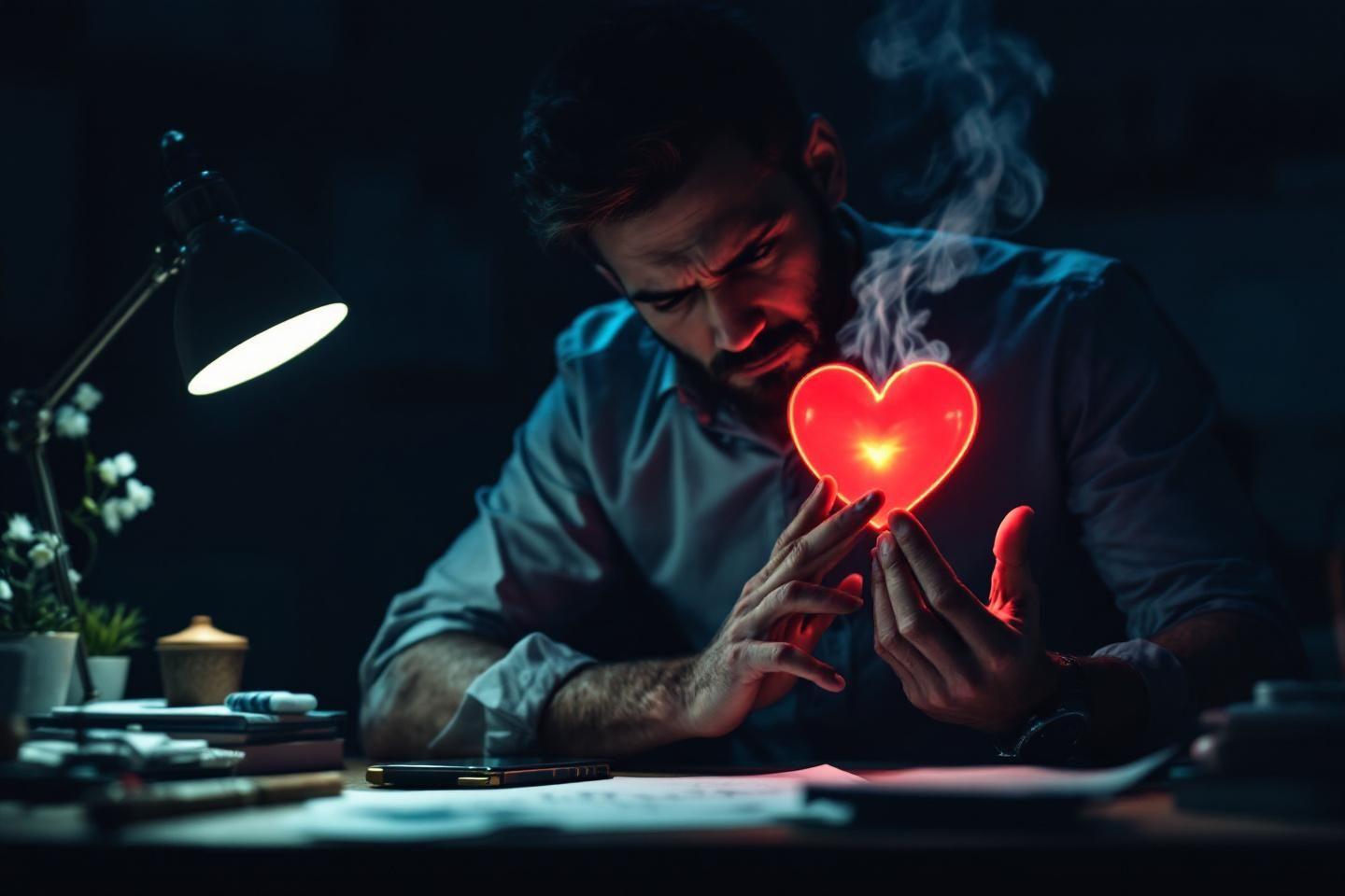 Homme m&eacute;ditatif tenant un c&oelig;ur rouge brillant